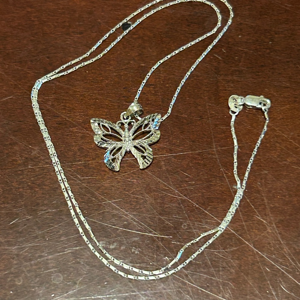 Real 14k solid white gold butterfly pendant with 14k gold chain